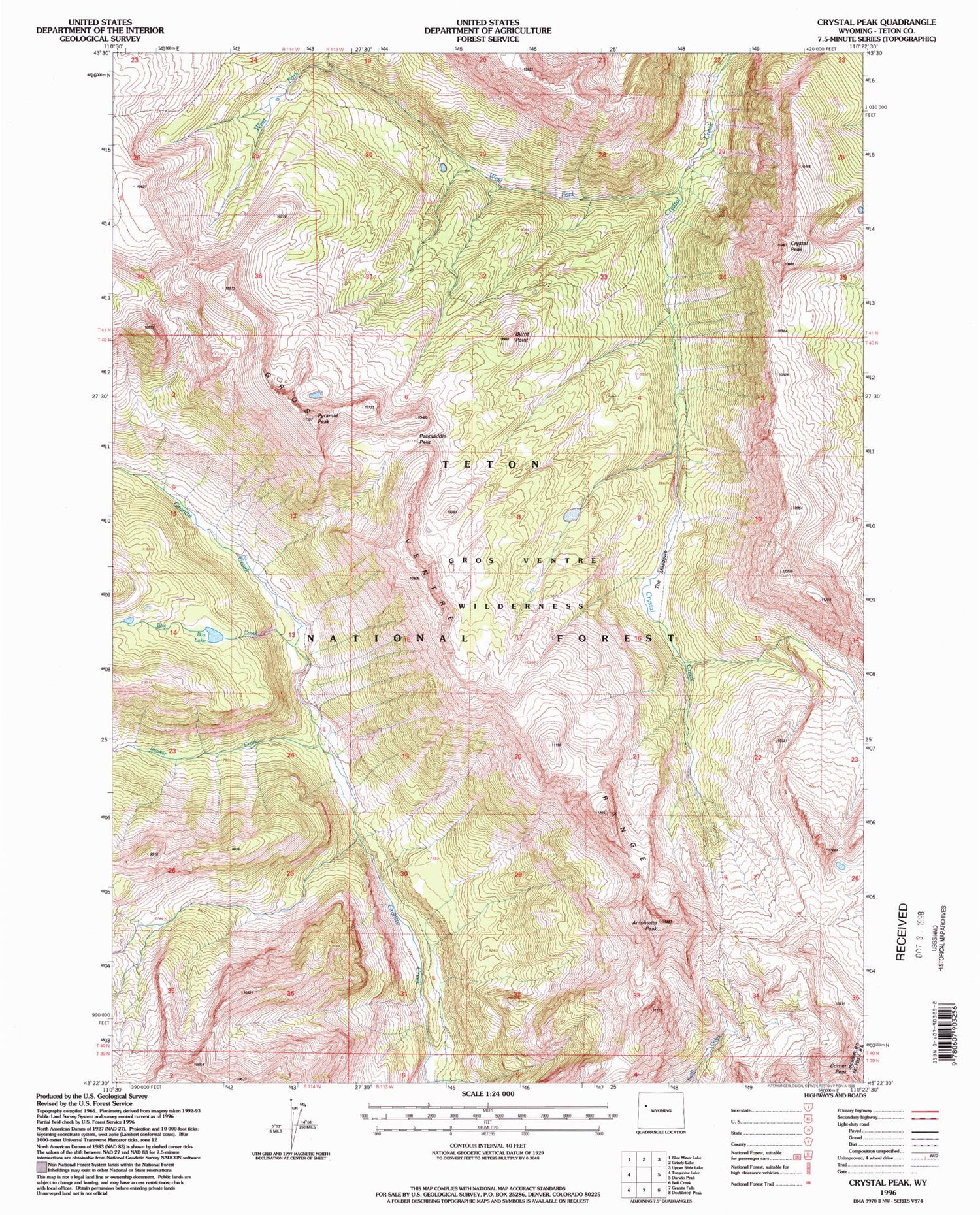 Classic USGS Crystal Peak Wyoming 7.5'x7.5' Topo Map Image