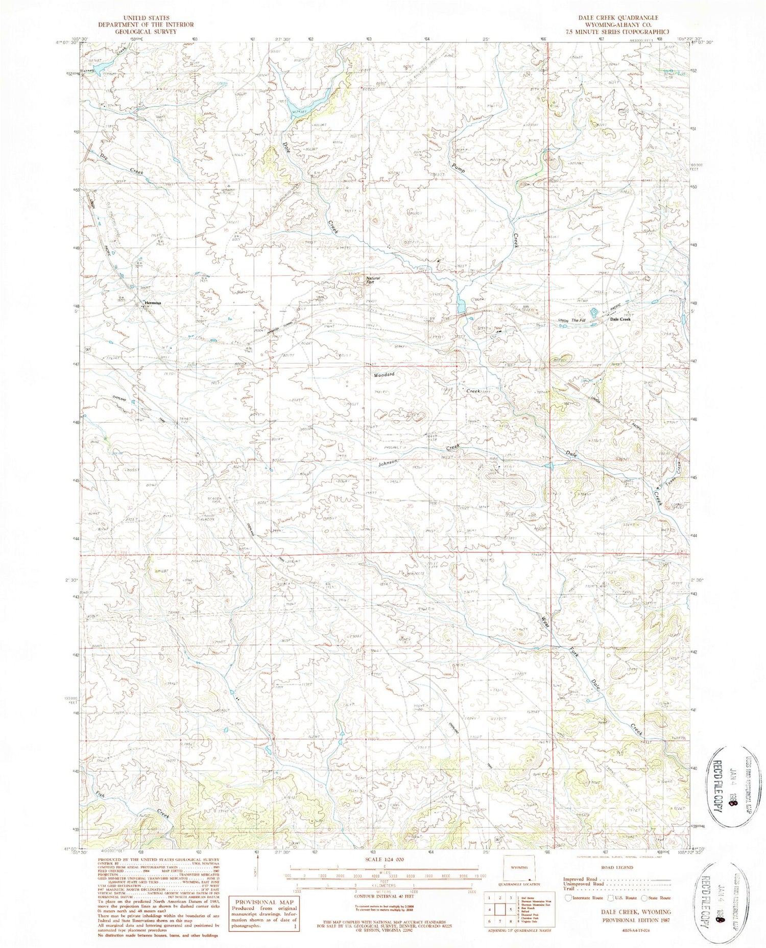 Classic USGS Dale Creek Wyoming 7.5'x7.5' Topo Map Image
