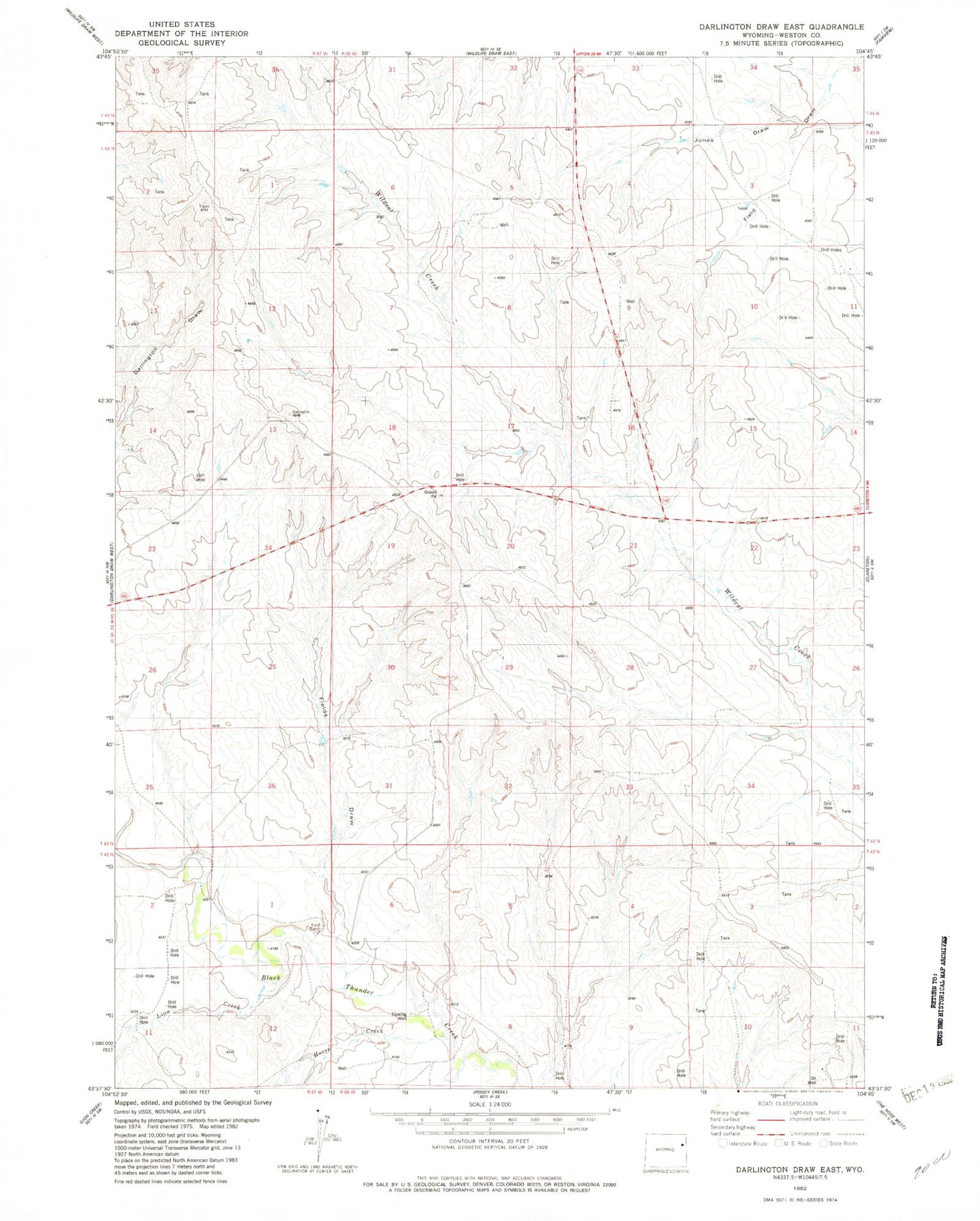 Classic USGS Darlington Draw East Wyoming 7.5'x7.5' Topo Map Image