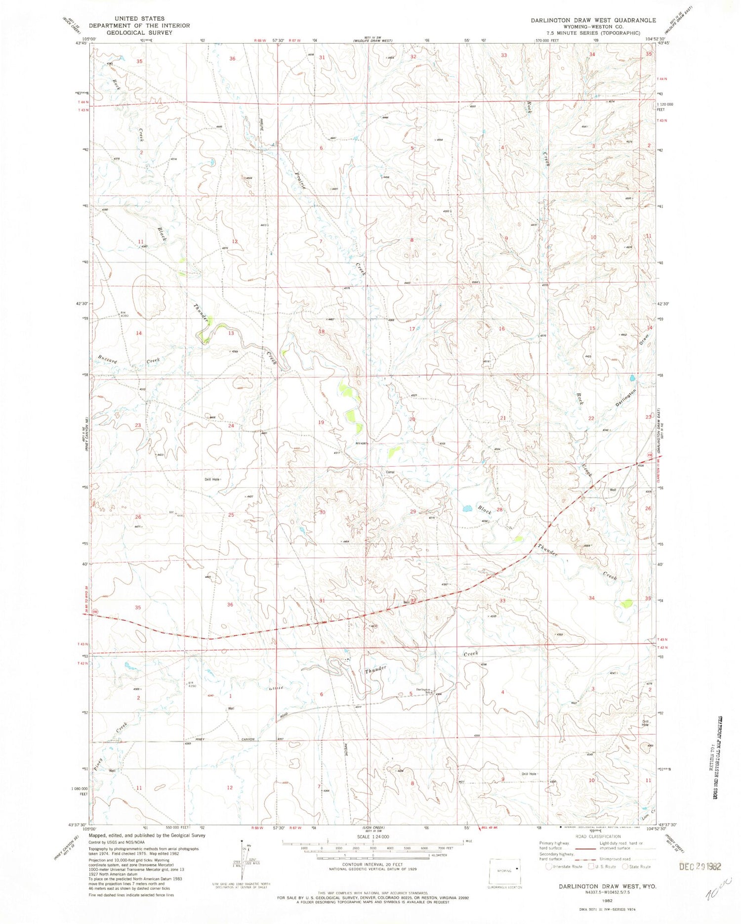 Classic USGS Darlington Draw West Wyoming 7.5'x7.5' Topo Map Image