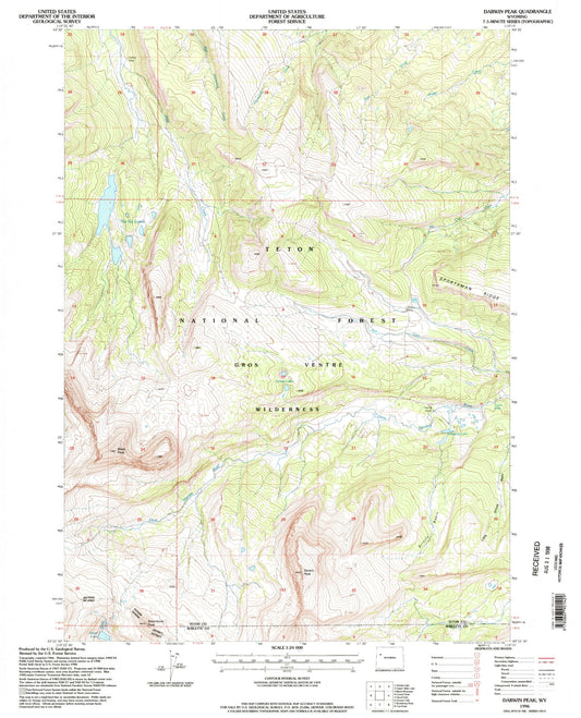 Classic USGS Darwin Peak Wyoming 7.5'x7.5' Topo Map Image
