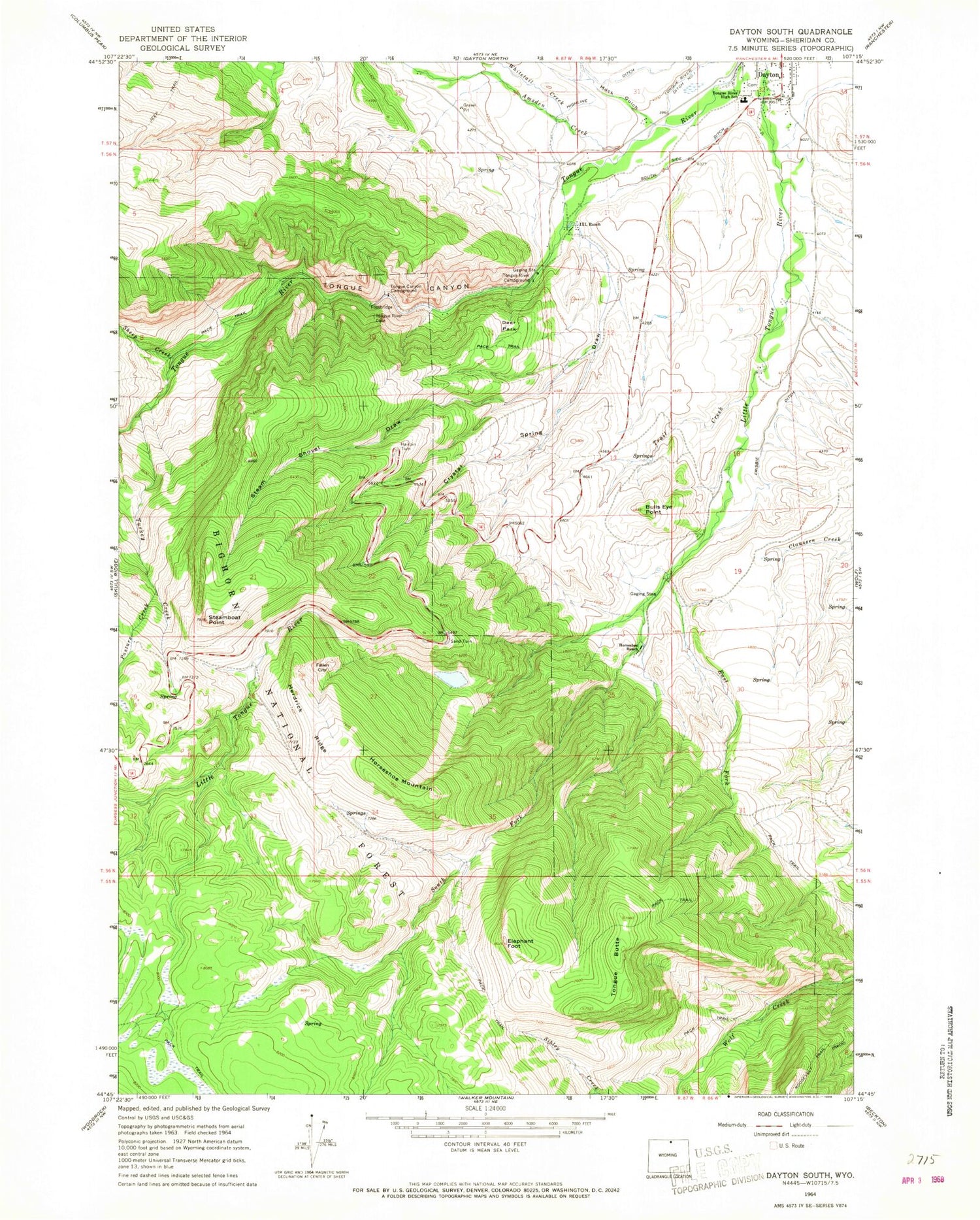 Classic USGS Dayton South Wyoming 7.5'x7.5' Topo Map Image