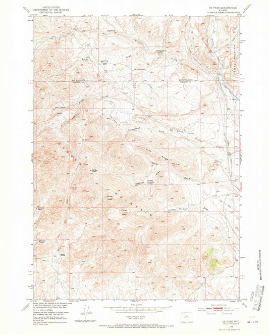 Classic USGS De Pass Wyoming 7.5'x7.5' Topo Map Image