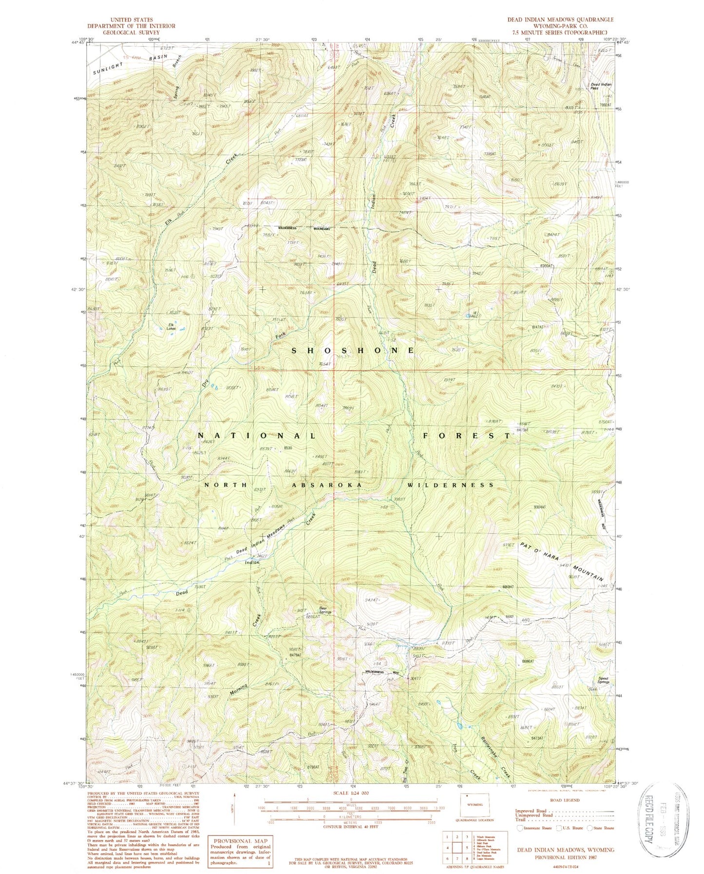 Classic USGS Dead Indian Meadows Wyoming 7.5'x7.5' Topo Map Image