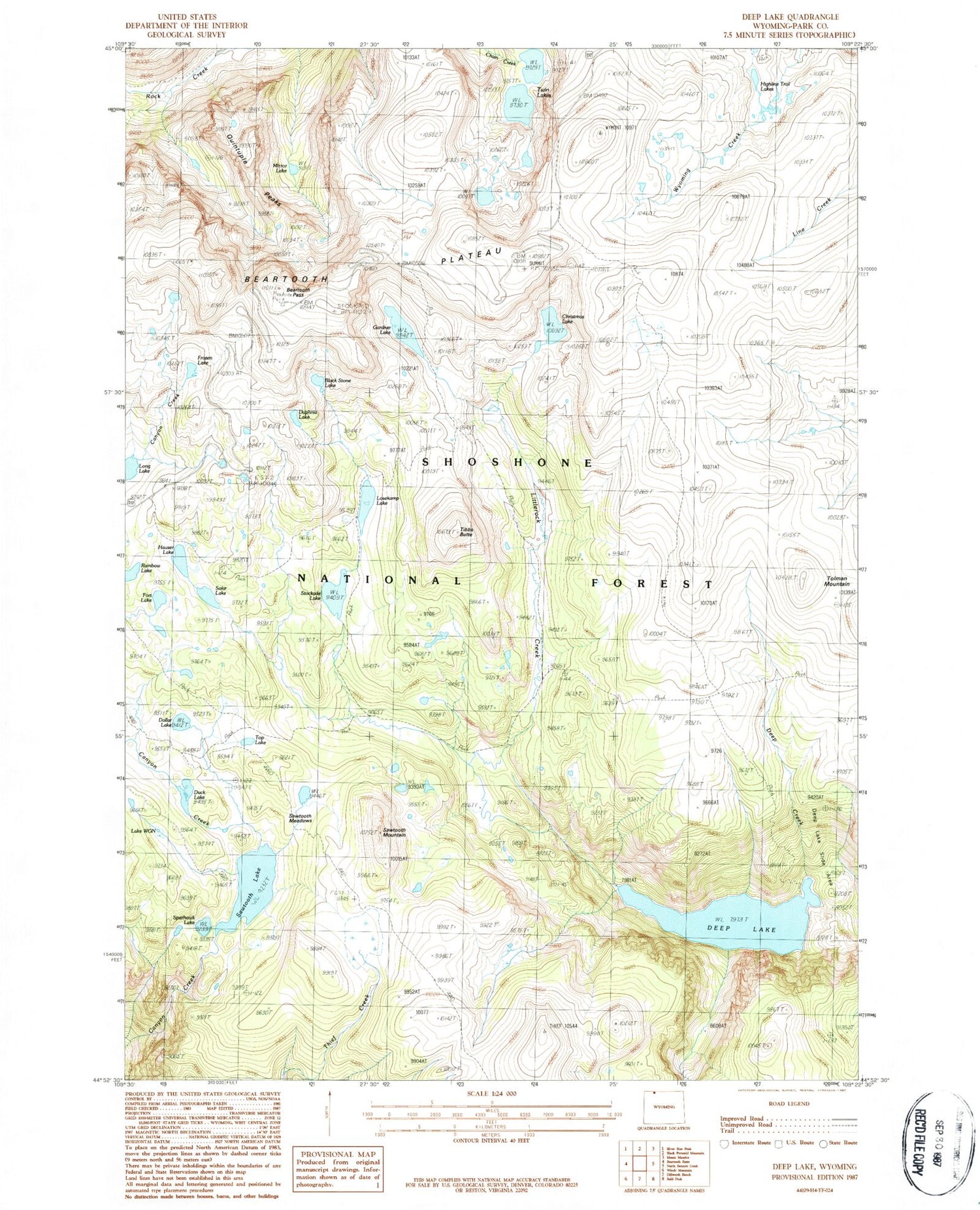 Classic USGS Deep Lake Wyoming 7.5'x7.5' Topo Map Image