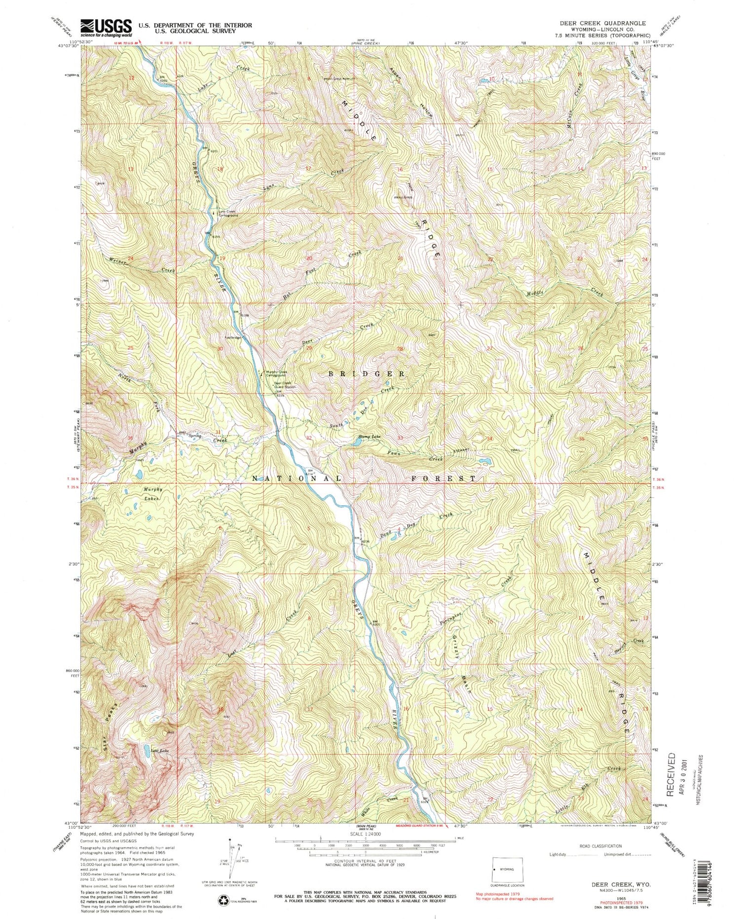 Classic USGS Deer Creek Wyoming 7.5'x7.5' Topo Map Image