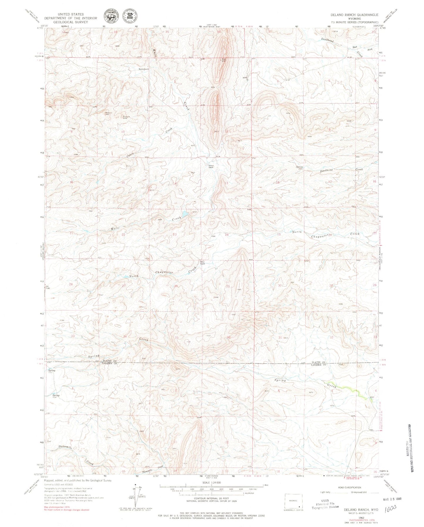 Classic USGS Delano Ranch Wyoming 7.5'x7.5' Topo Map Image