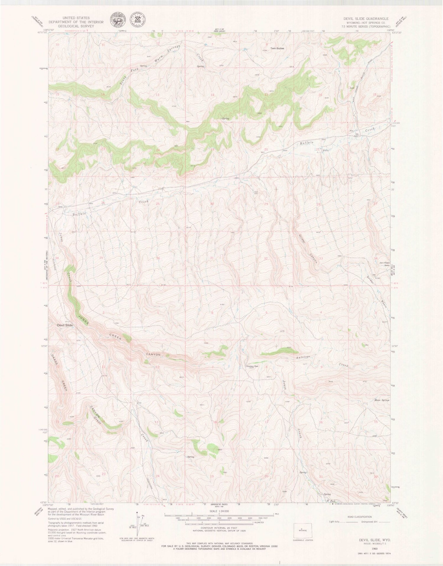 Classic USGS Devil Slide Wyoming 7.5'x7.5' Topo Map Image