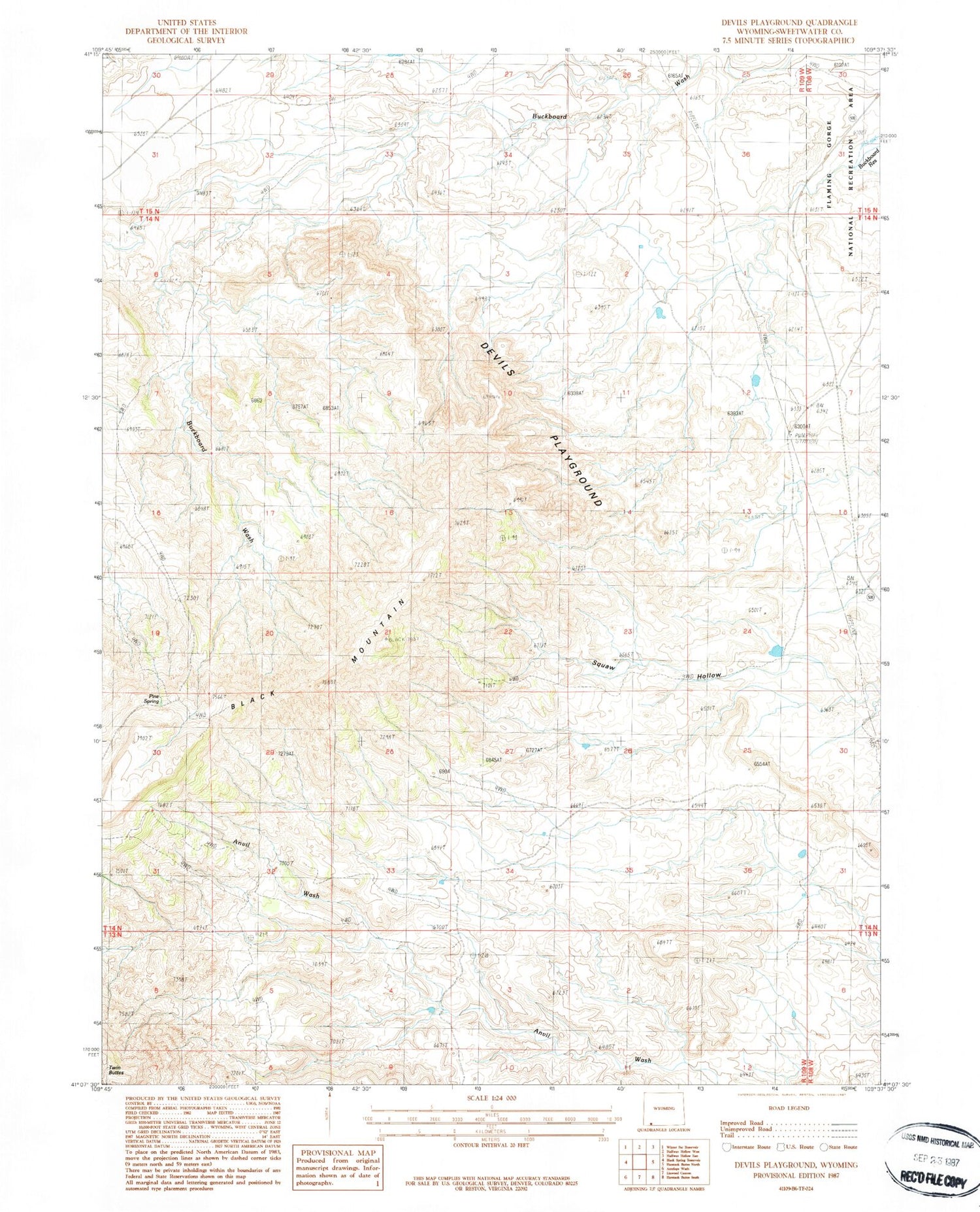 Classic USGS Devils Playground Wyoming 7.5'x7.5' Topo Map Image