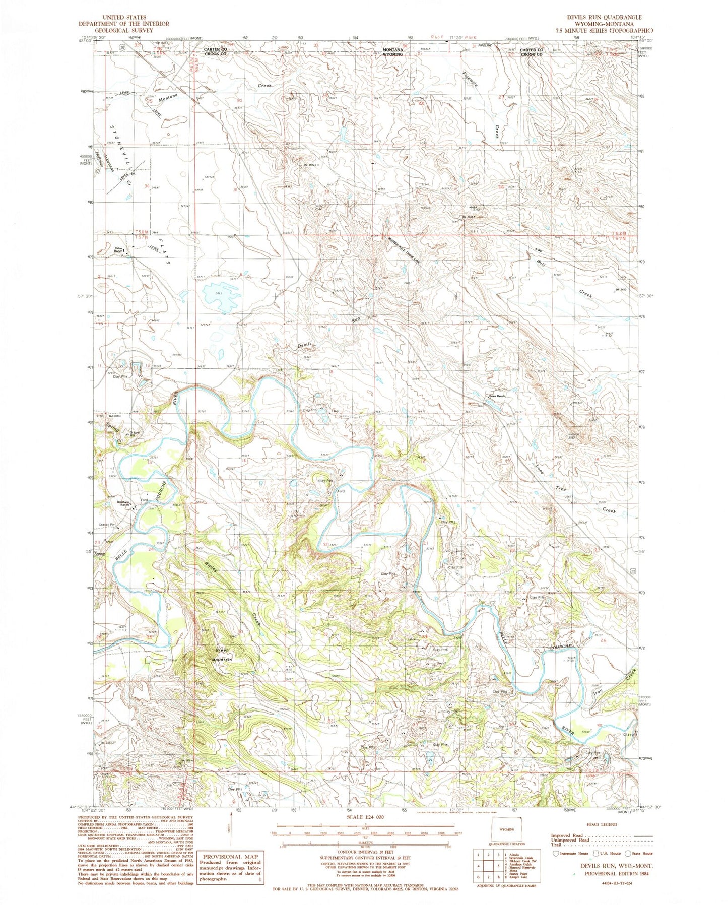 Classic USGS Devils Run Wyoming 7.5'x7.5' Topo Map Image
