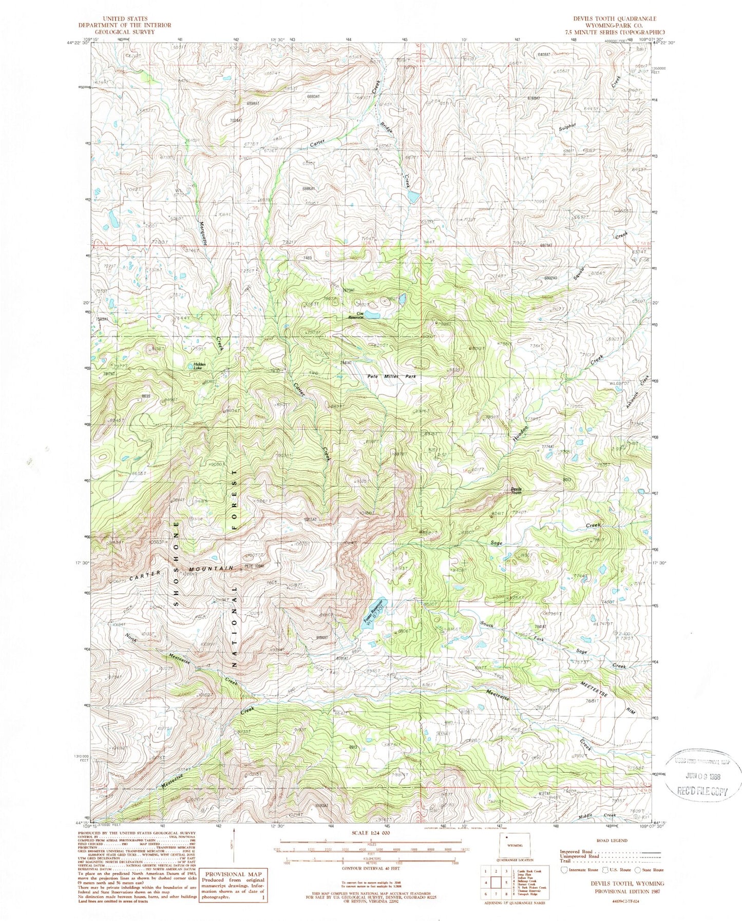 Classic USGS Devils Tooth Wyoming 7.5'x7.5' Topo Map Image