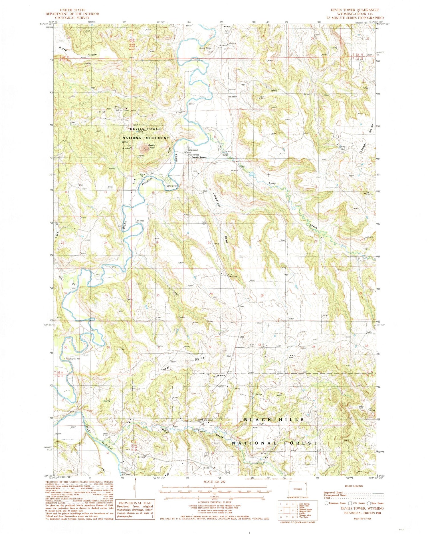 Classic USGS Devils Tower Wyoming 7.5'x7.5' Topo Map Image