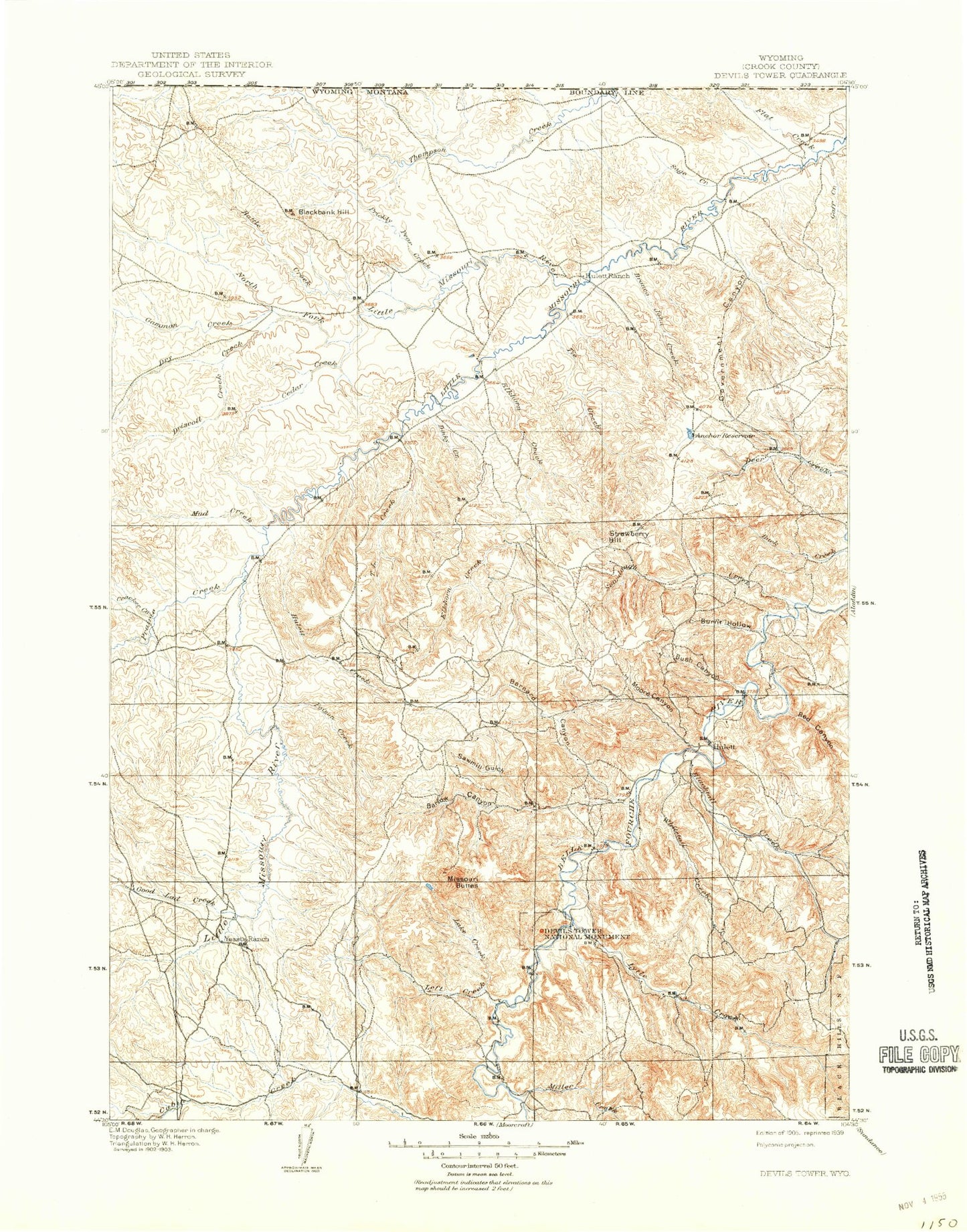 Historic 1905 Devils Tower Wyoming 30'x30' Topo Map Image