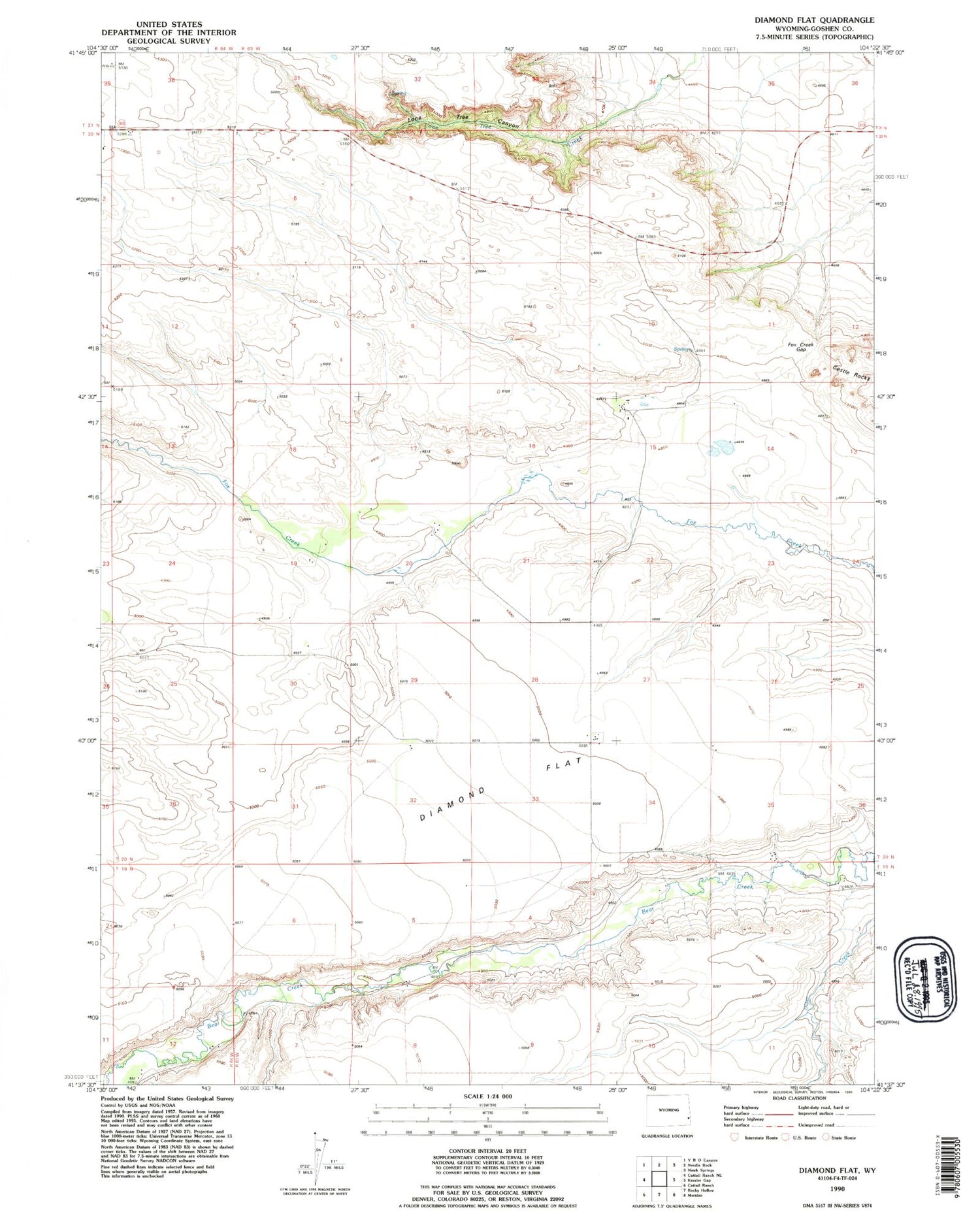 Classic USGS Diamond Flat Wyoming 7.5'x7.5' Topo Map Image