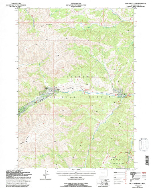 Classic USGS Dick Creek Lakes Wyoming 7.5'x7.5' Topo Map Image