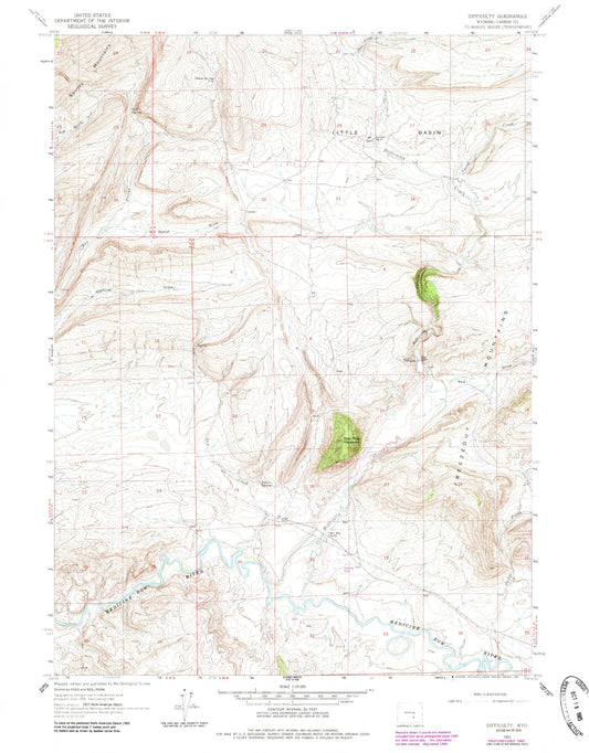 Classic USGS Difficulty Wyoming 7.5'x7.5' Topo Map Image