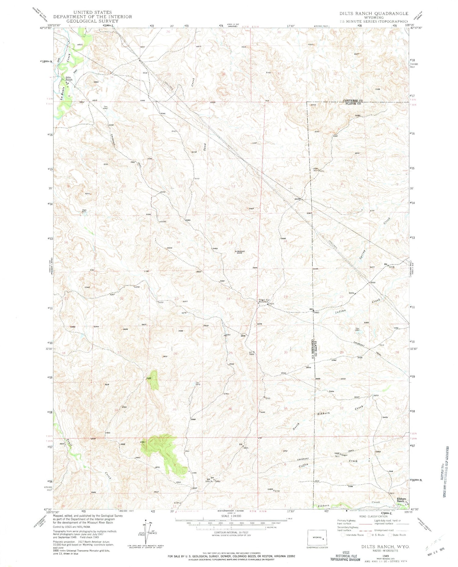 Classic USGS Dilts Ranch Wyoming 7.5'x7.5' Topo Map Image