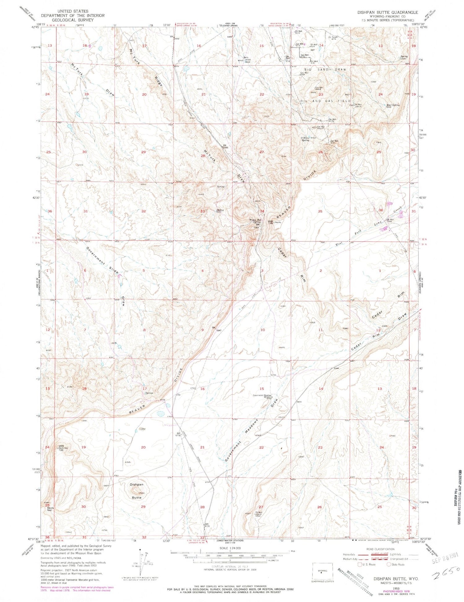 Classic USGS Dishpan Butte Wyoming 7.5'x7.5' Topo Map Image