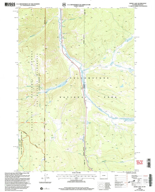 Classic USGS Divide Lake Wyoming 7.5'x7.5' Topo Map Image