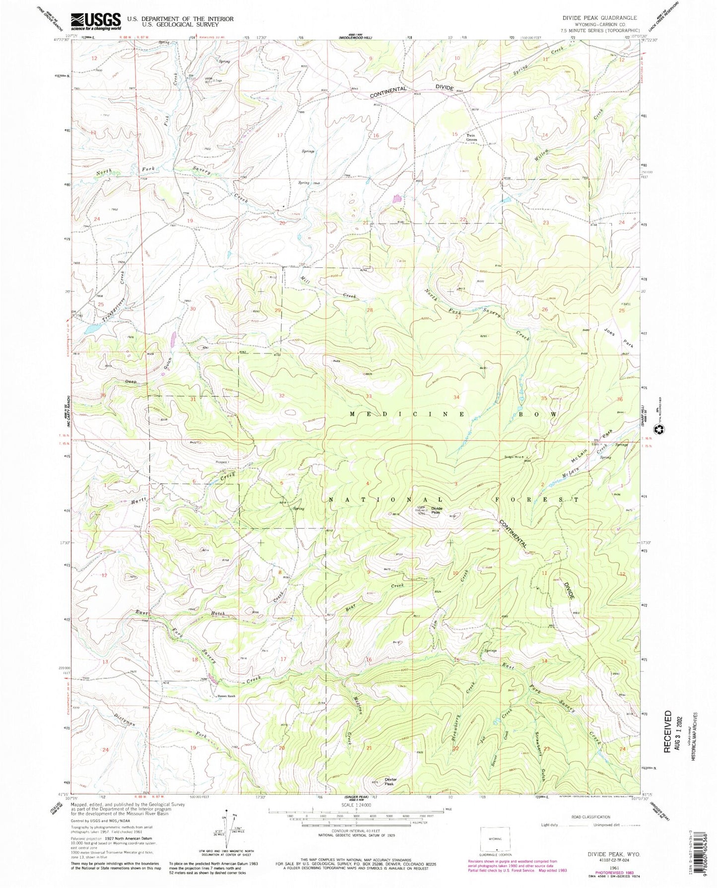 Classic USGS Divide Peak Wyoming 7.5'x7.5' Topo Map Image