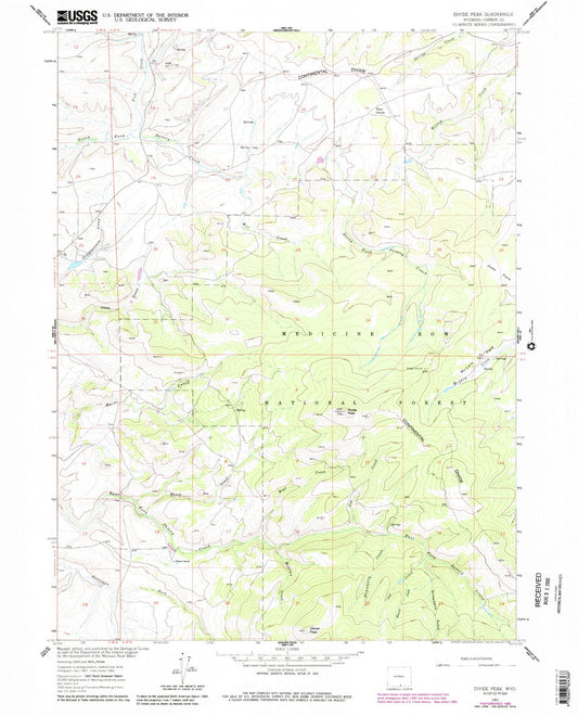 Classic USGS Divide Peak Wyoming 7.5'x7.5' Topo Map Image
