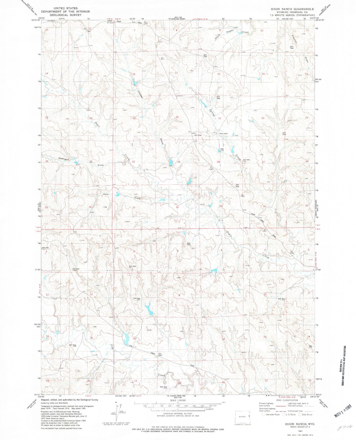 Classic USGS Dixon Ranch Wyoming 7.5'x7.5' Topo Map Image