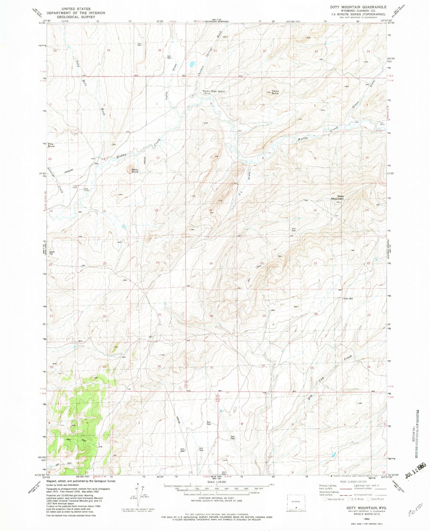 Classic USGS Doty Mountain Wyoming 7.5'x7.5' Topo Map Image