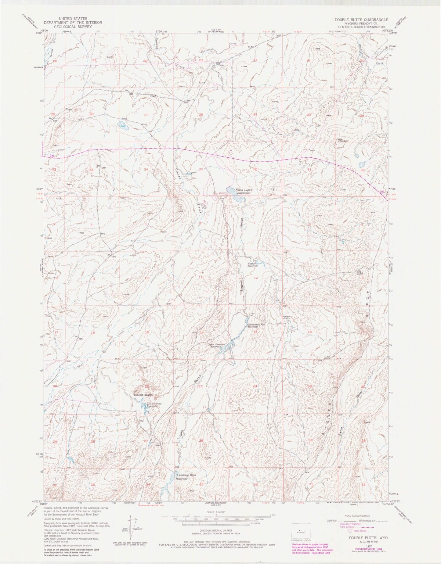 Classic USGS Double Butte Wyoming 7.5'x7.5' Topo Map Image