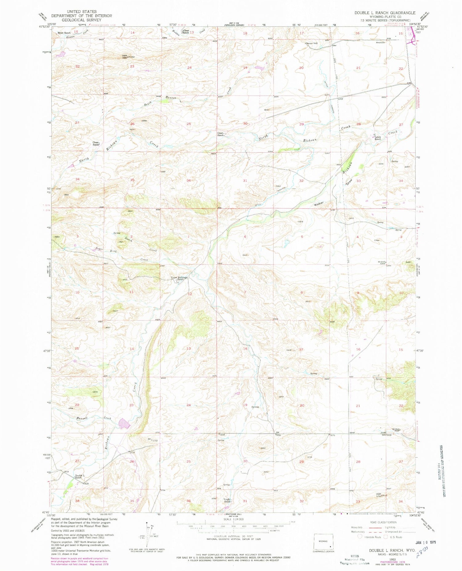 Classic USGS Double L Ranch Wyoming 7.5'x7.5' Topo Map Image