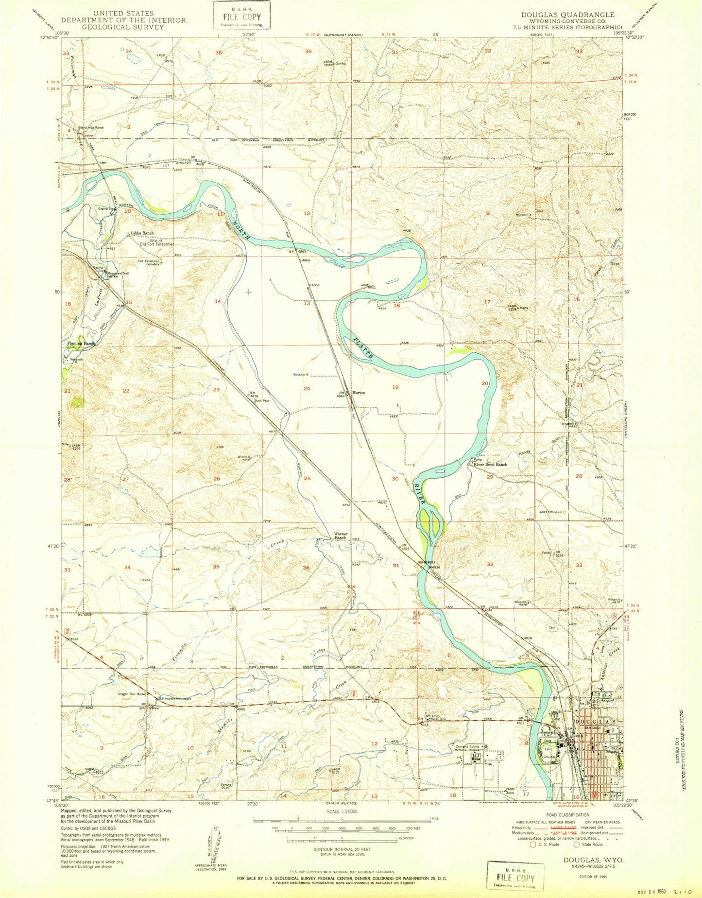 Classic USGS Douglas Wyoming 7.5'x7.5' Topo Map Image