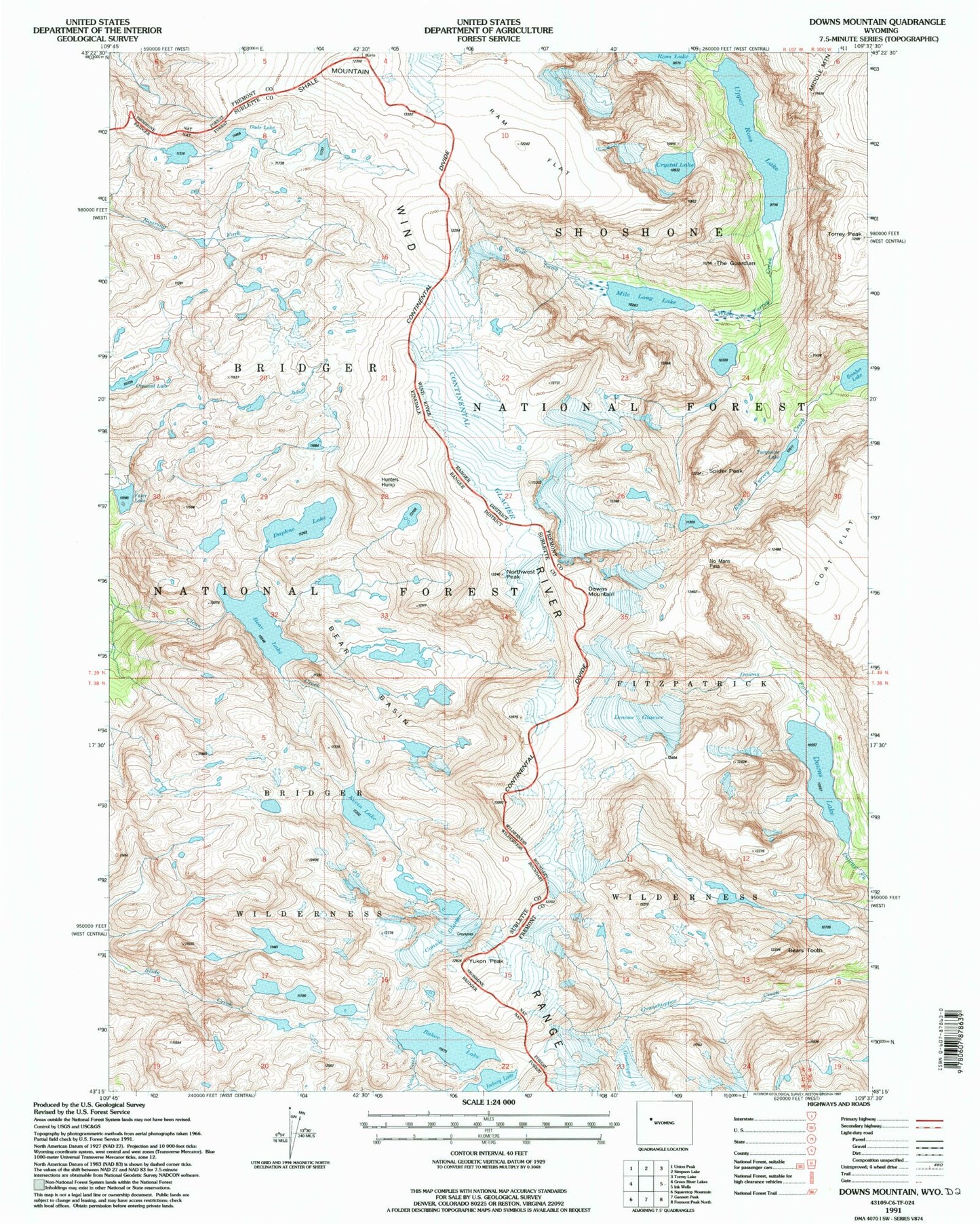 Classic USGS Downs Mountain Wyoming 7.5'x7.5' Topo Map Image