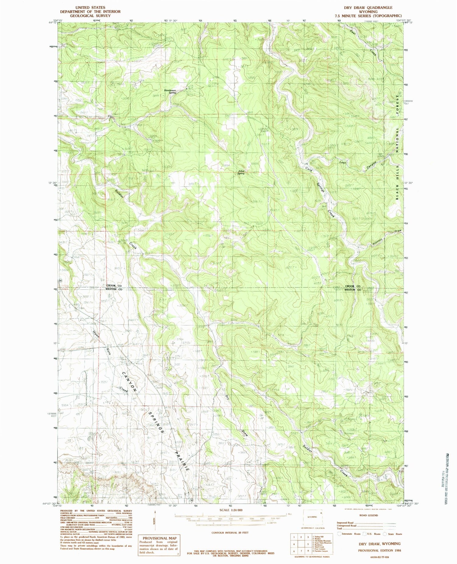 Classic USGS Dry Draw Wyoming 7.5'x7.5' Topo Map Image