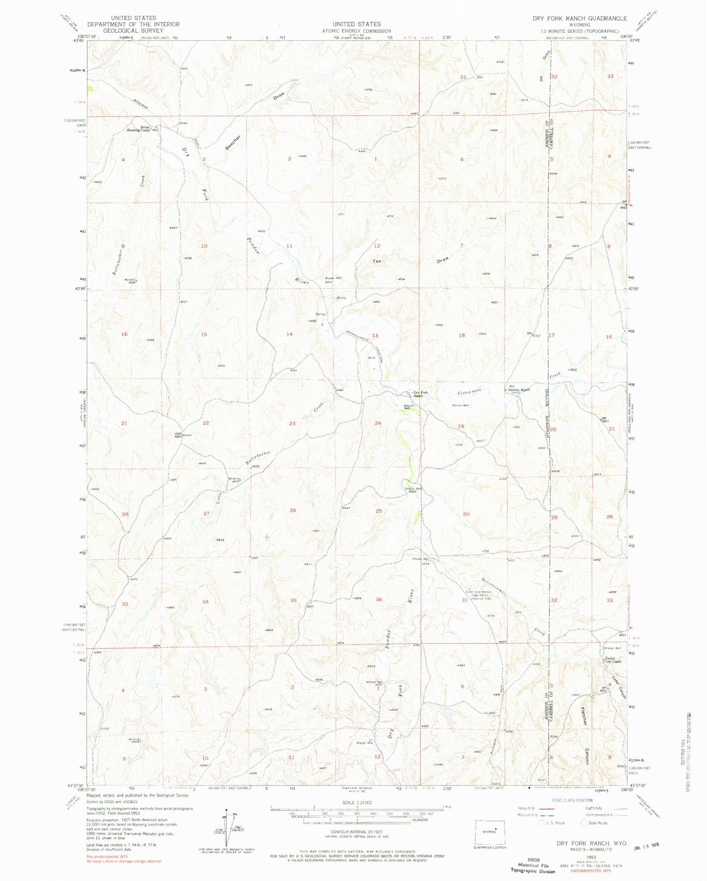 Classic USGS Dry Fork Ranch Wyoming 7.5'x7.5' Topo Map Image