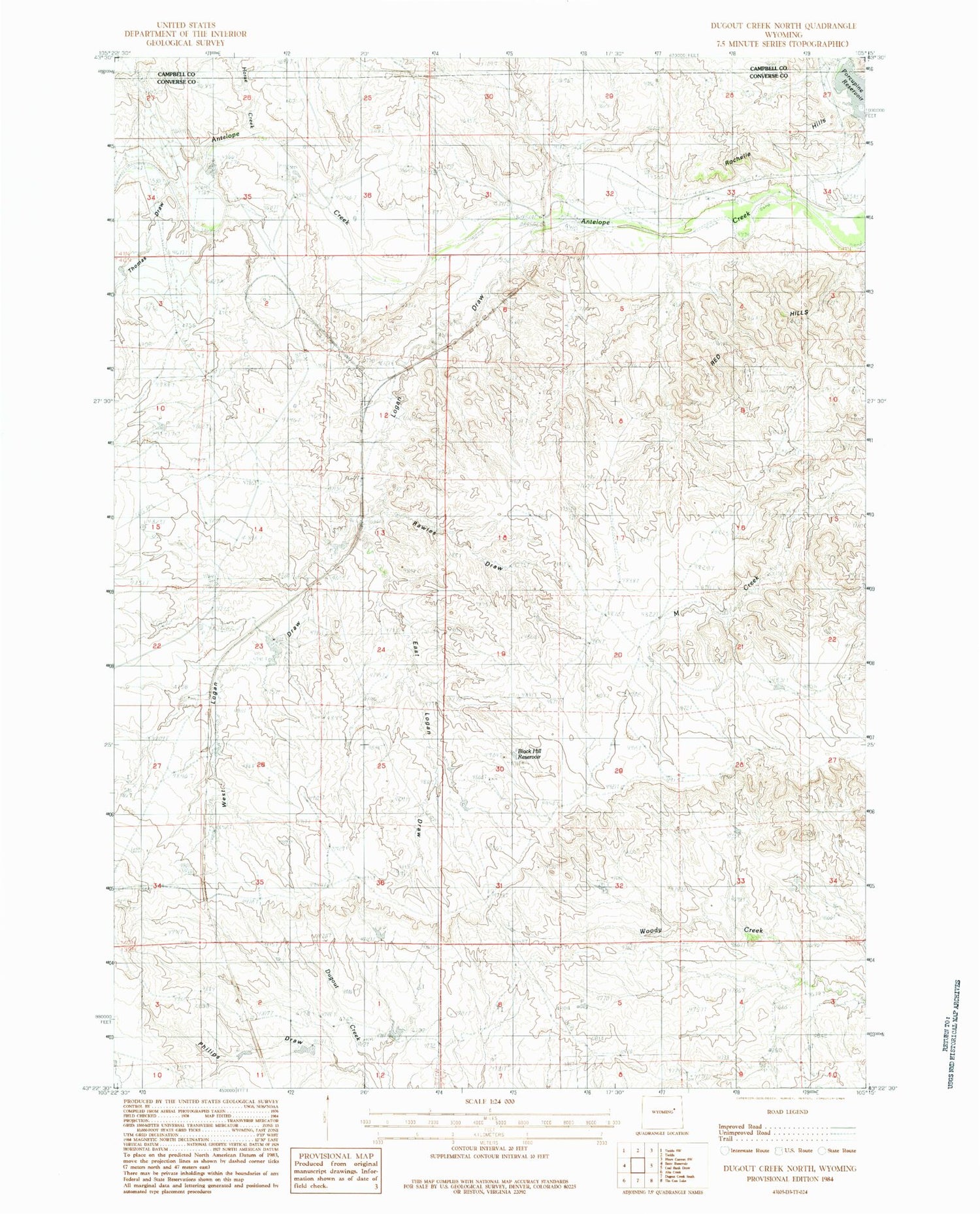Classic USGS Dugout Creek North Wyoming 7.5'x7.5' Topo Map Image