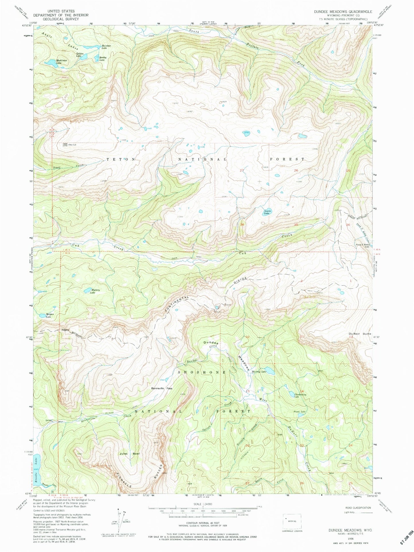 Classic USGS Dundee Meadows Wyoming 7.5'x7.5' Topo Map Image