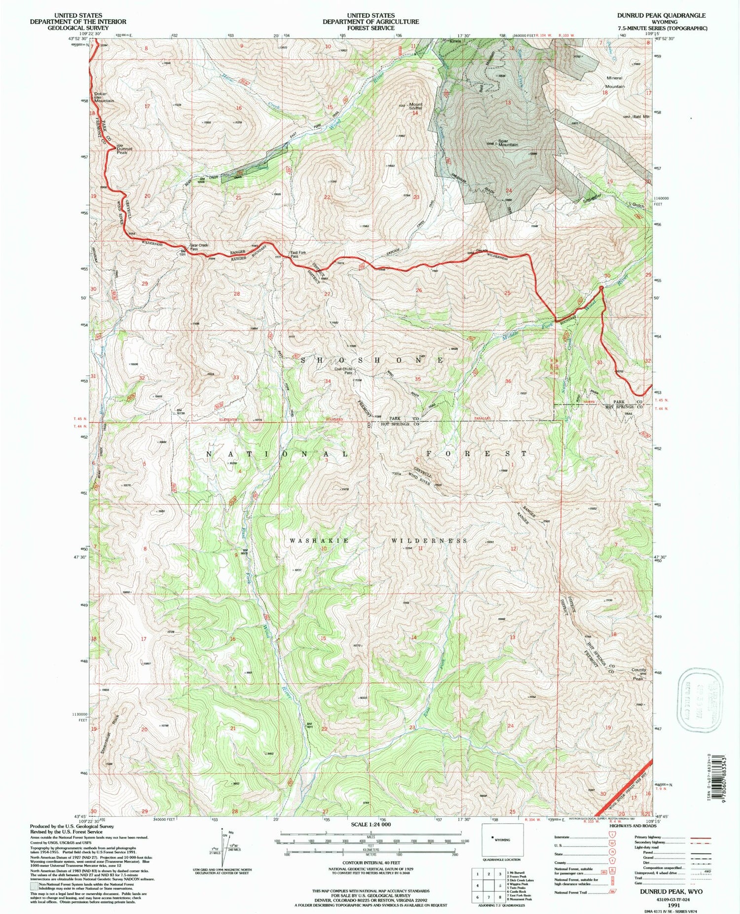 Classic USGS Dunrud Peak Wyoming 7.5'x7.5' Topo Map Image