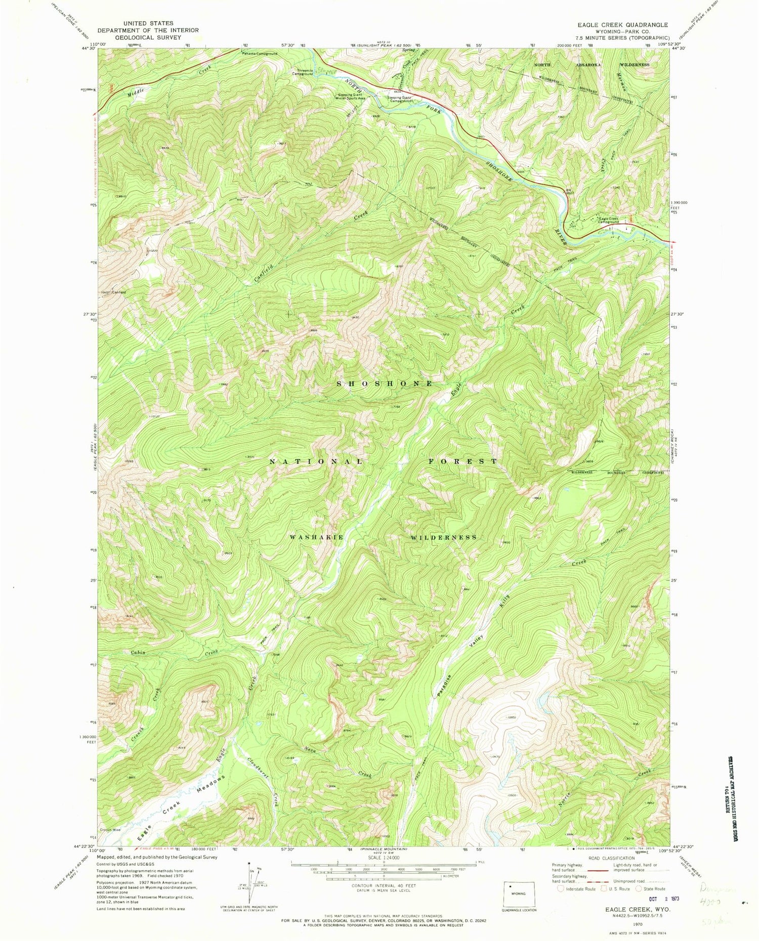 Classic USGS Eagle Creek Wyoming 7.5'x7.5' Topo Map Image