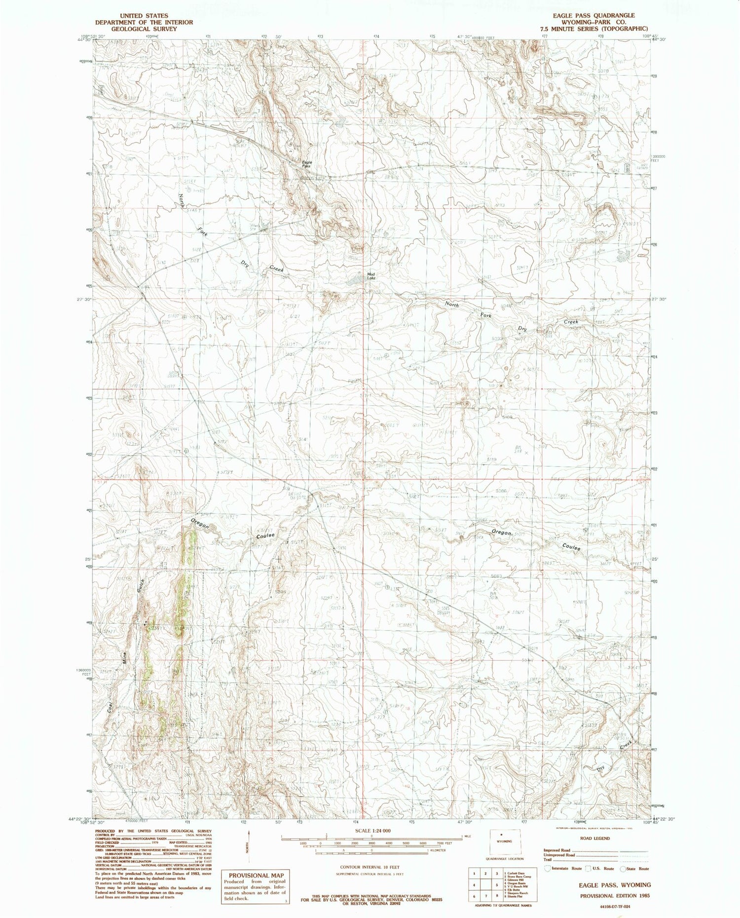 Classic USGS Eagle Pass Wyoming 7.5'x7.5' Topo Map Image