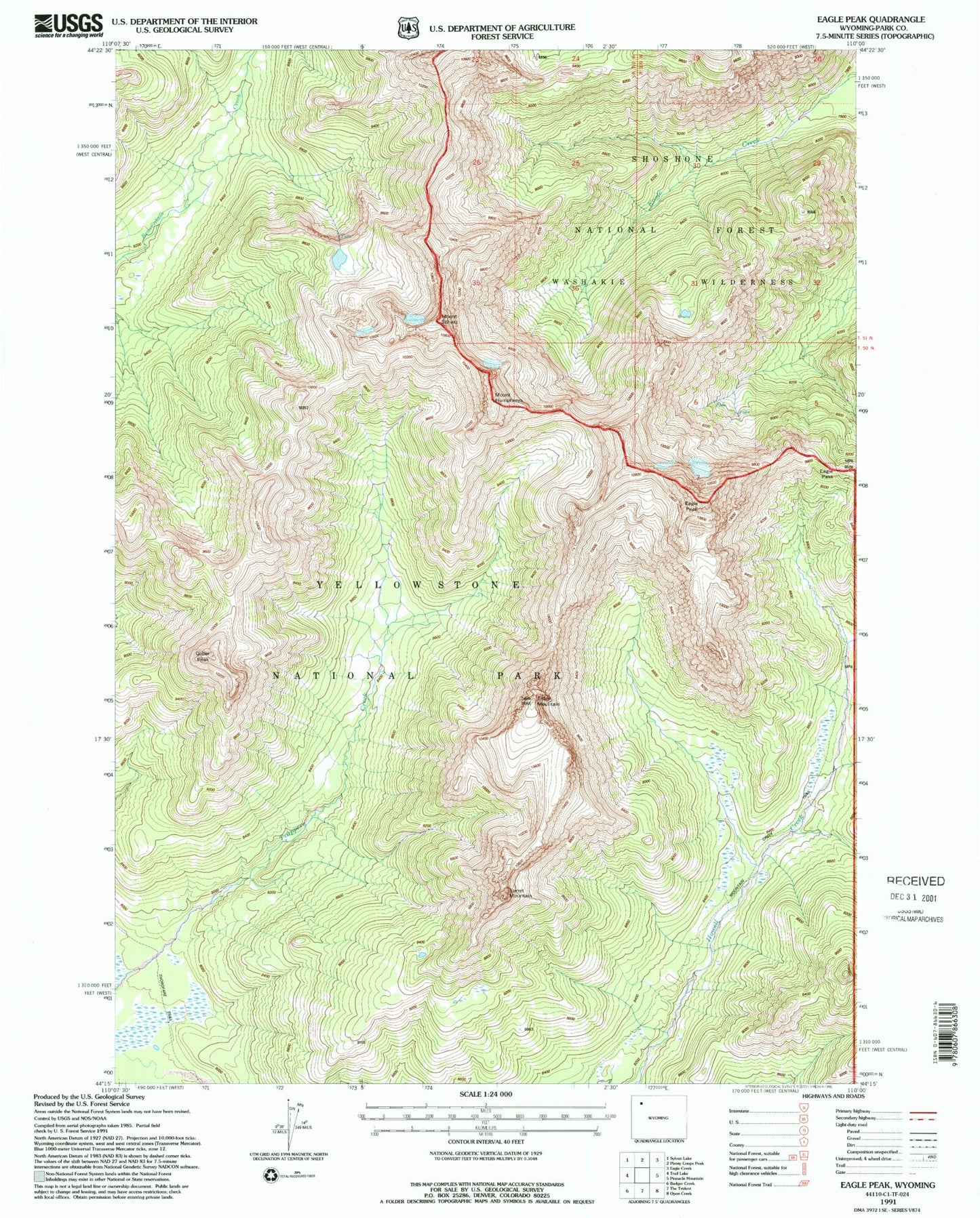 Classic USGS Eagle Pass Wyoming 7.5'x7.5' Topo Map Image