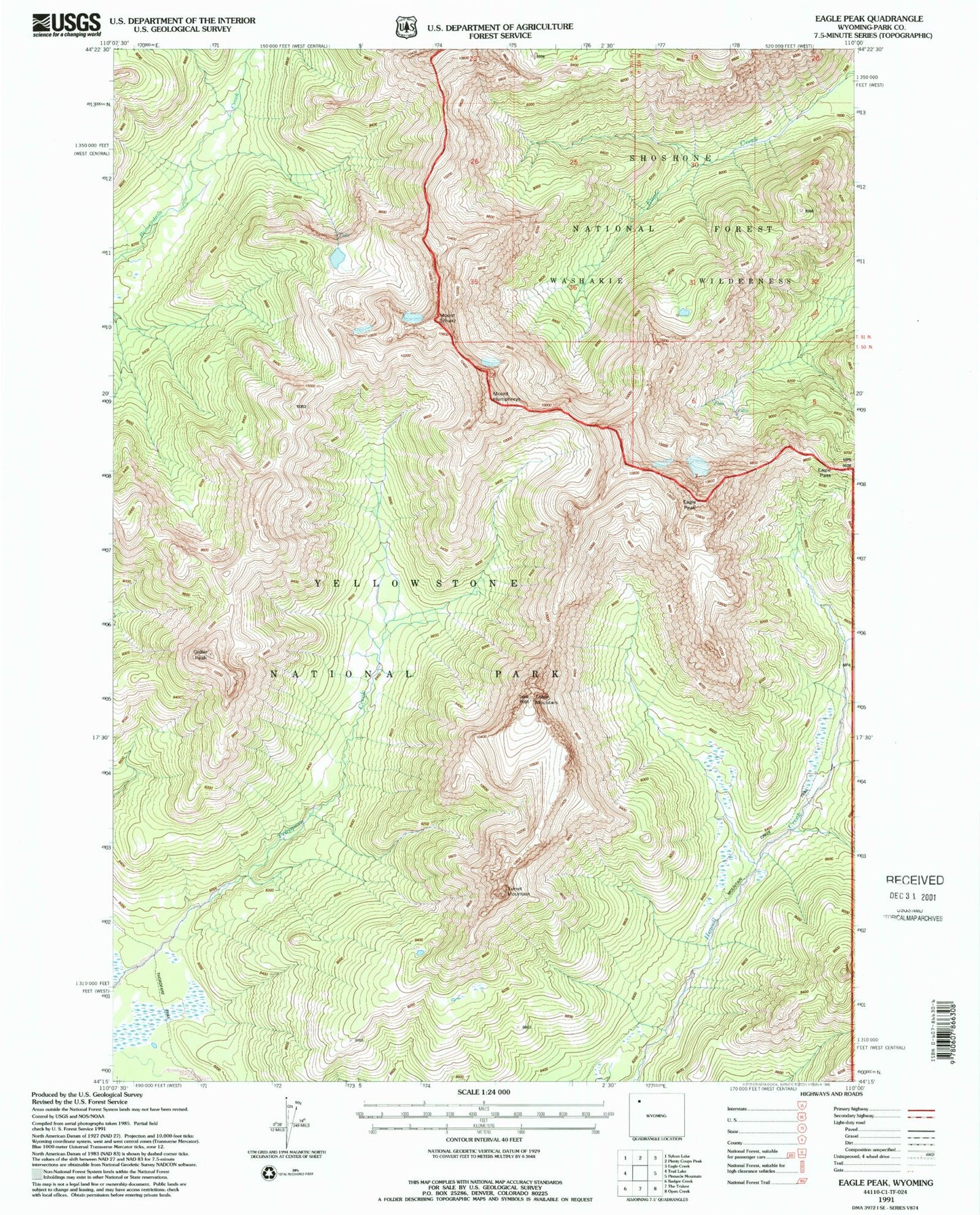 Classic USGS Eagle Peak Wyoming 7.5'x7.5' Topo Map Image