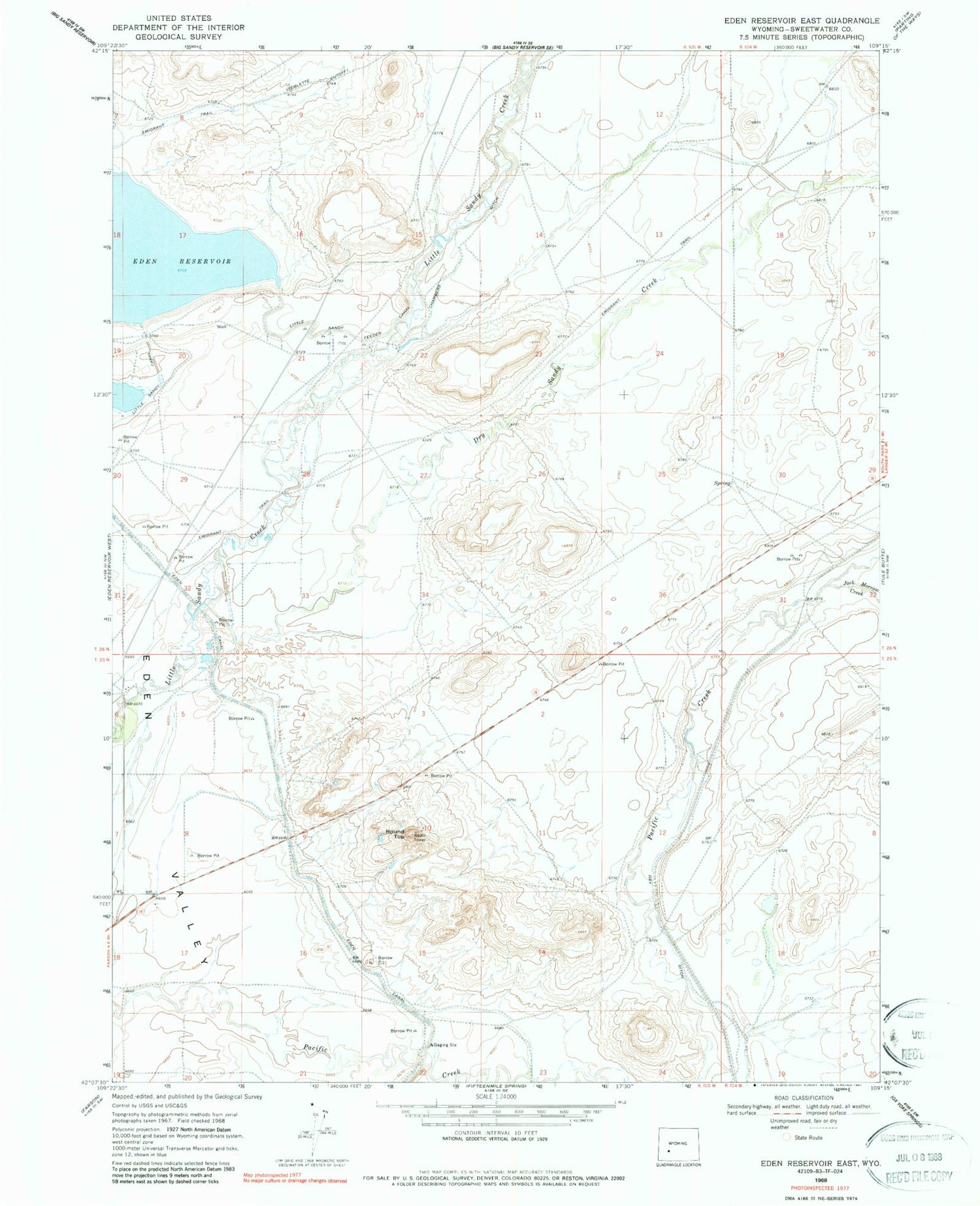Classic USGS Eden Reservoir East Wyoming 7.5'x7.5' Topo Map Image