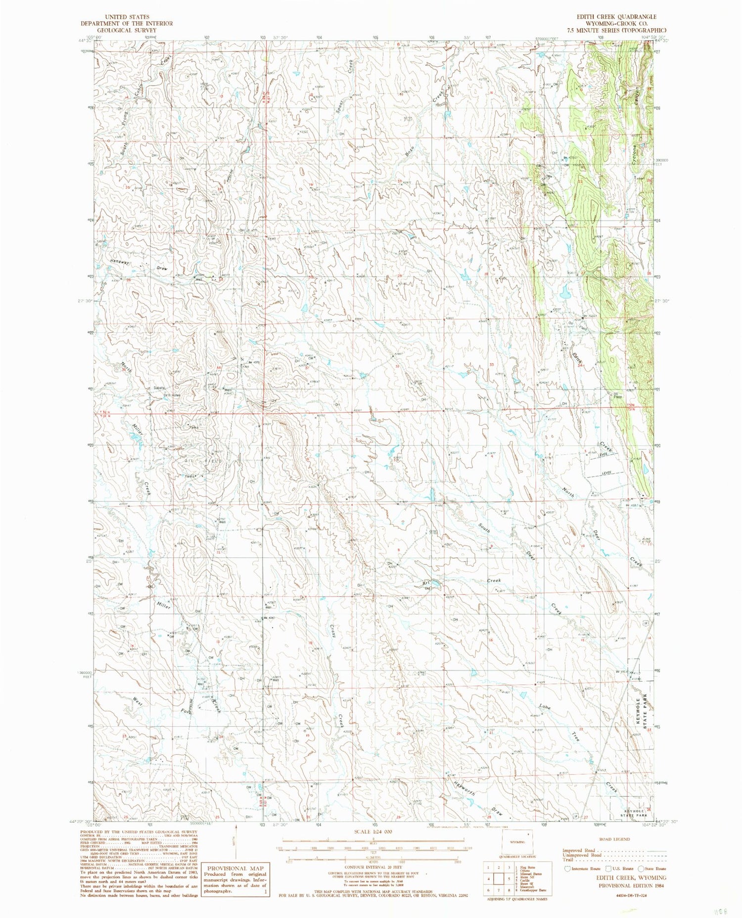 Classic USGS Edith Creek Wyoming 7.5'x7.5' Topo Map Image