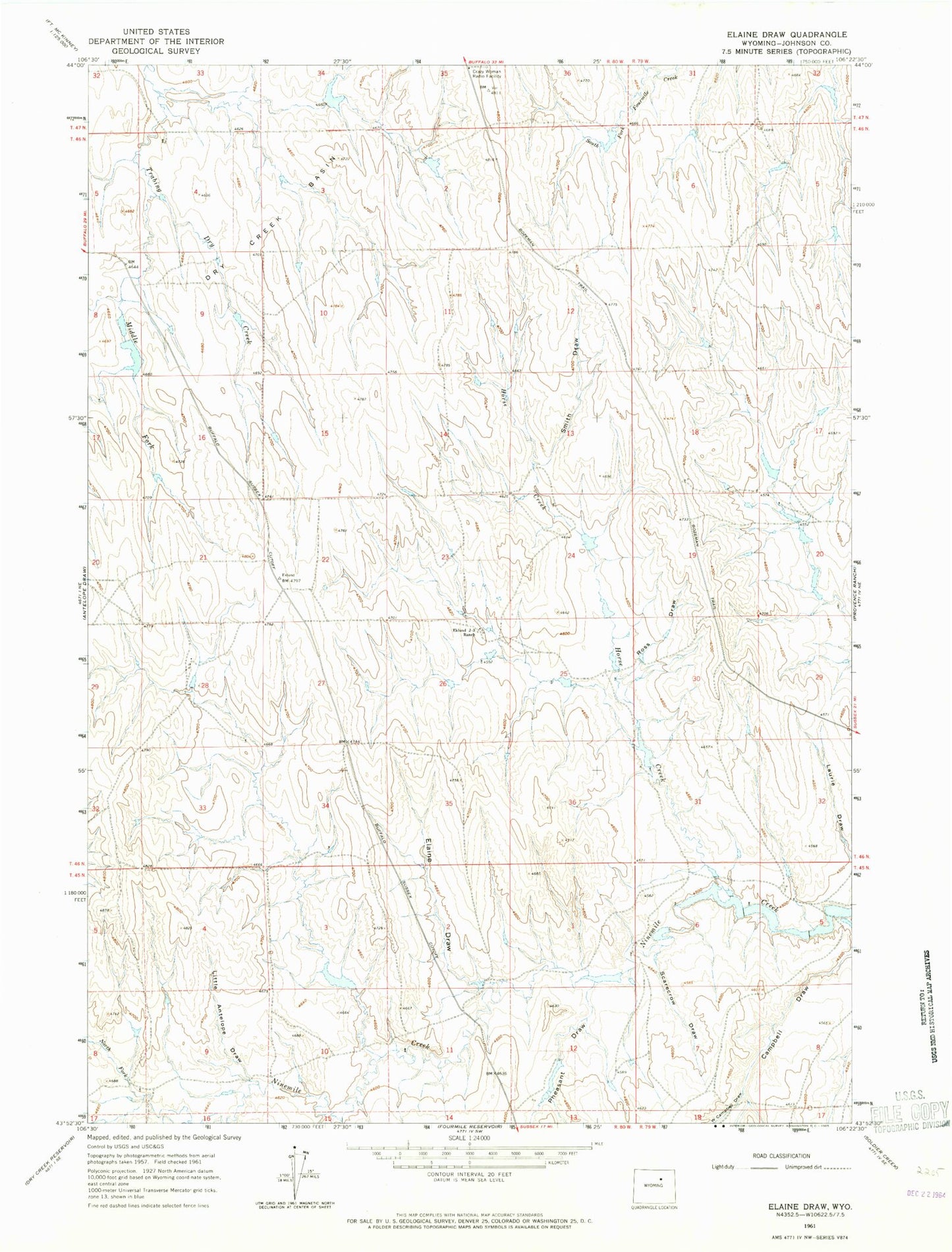 Classic USGS Elaine Draw Wyoming 7.5'x7.5' Topo Map Image