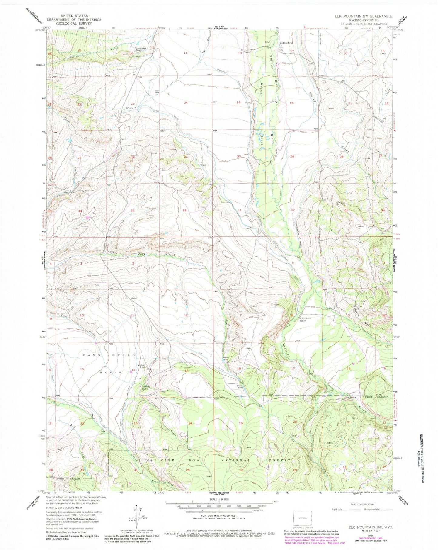 Classic USGS Elk Mountain SW Wyoming 7.5'x7.5' Topo Map Image
