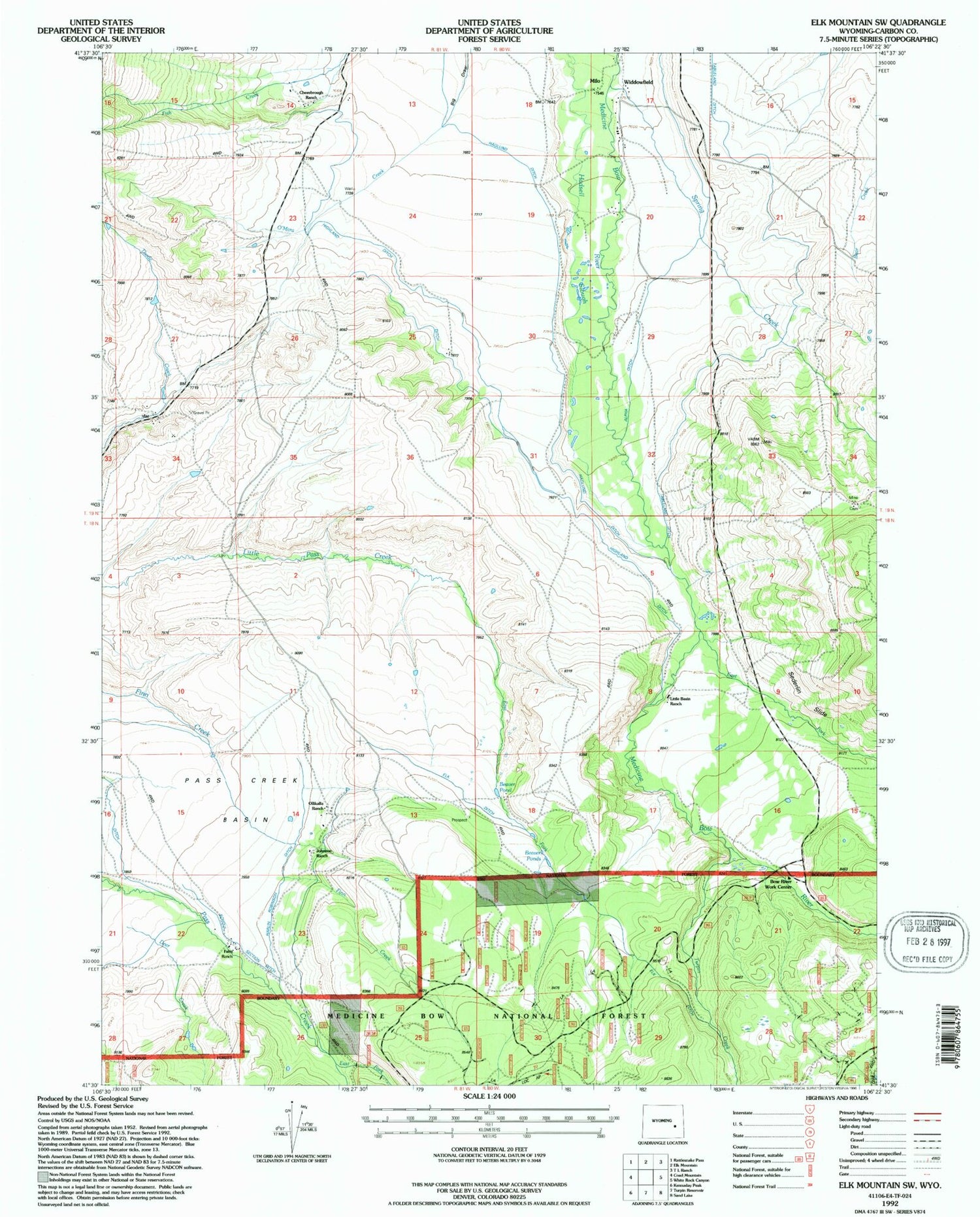 Classic USGS Elk Mountain SW Wyoming 7.5'x7.5' Topo Map Image