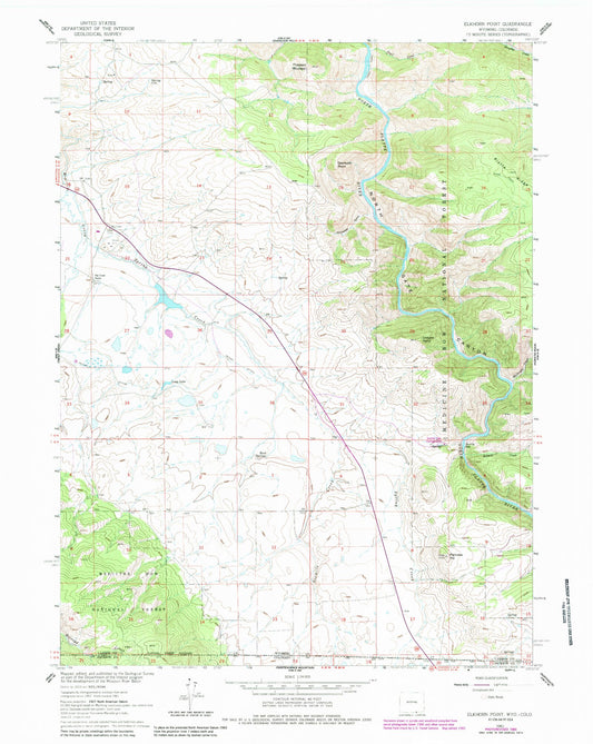 Classic USGS Elkhorn Point Wyoming 7.5'x7.5' Topo Map Image