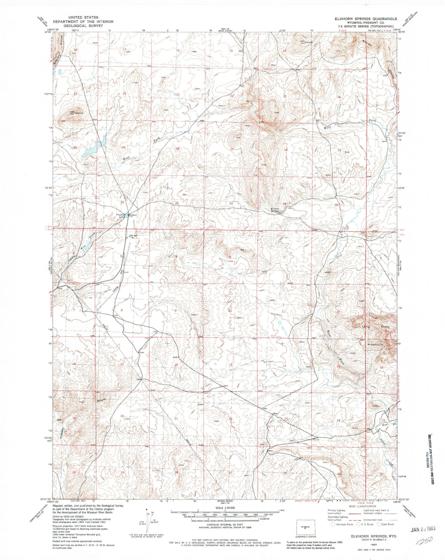 Classic USGS Elkhorn Springs Wyoming 7.5'x7.5' Topo Map Image