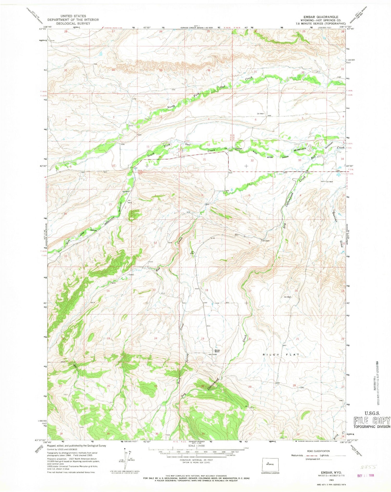Classic USGS Embar Wyoming 7.5'x7.5' Topo Map Image