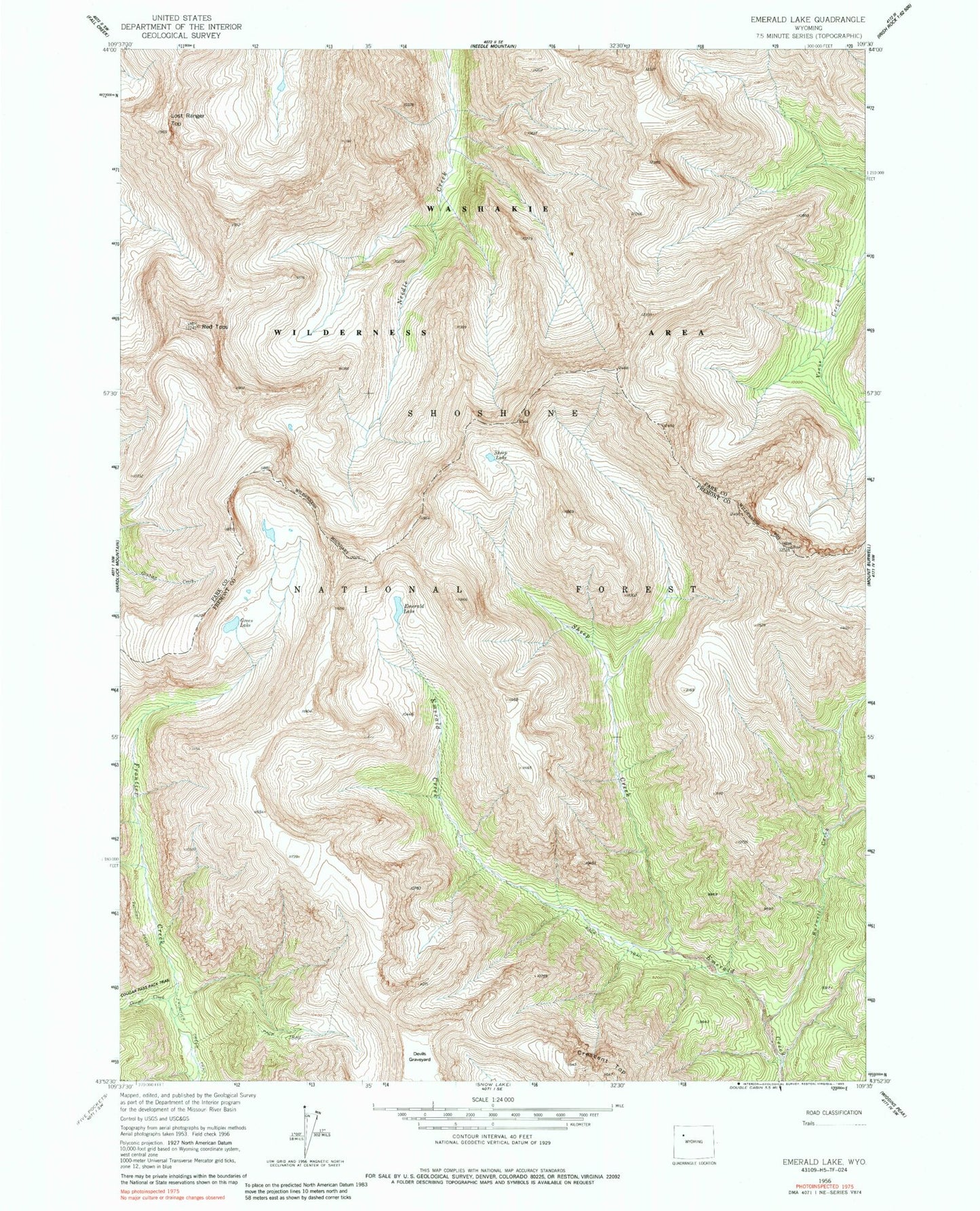 Classic USGS Emerald Lake Wyoming 7.5'x7.5' Topo Map Image