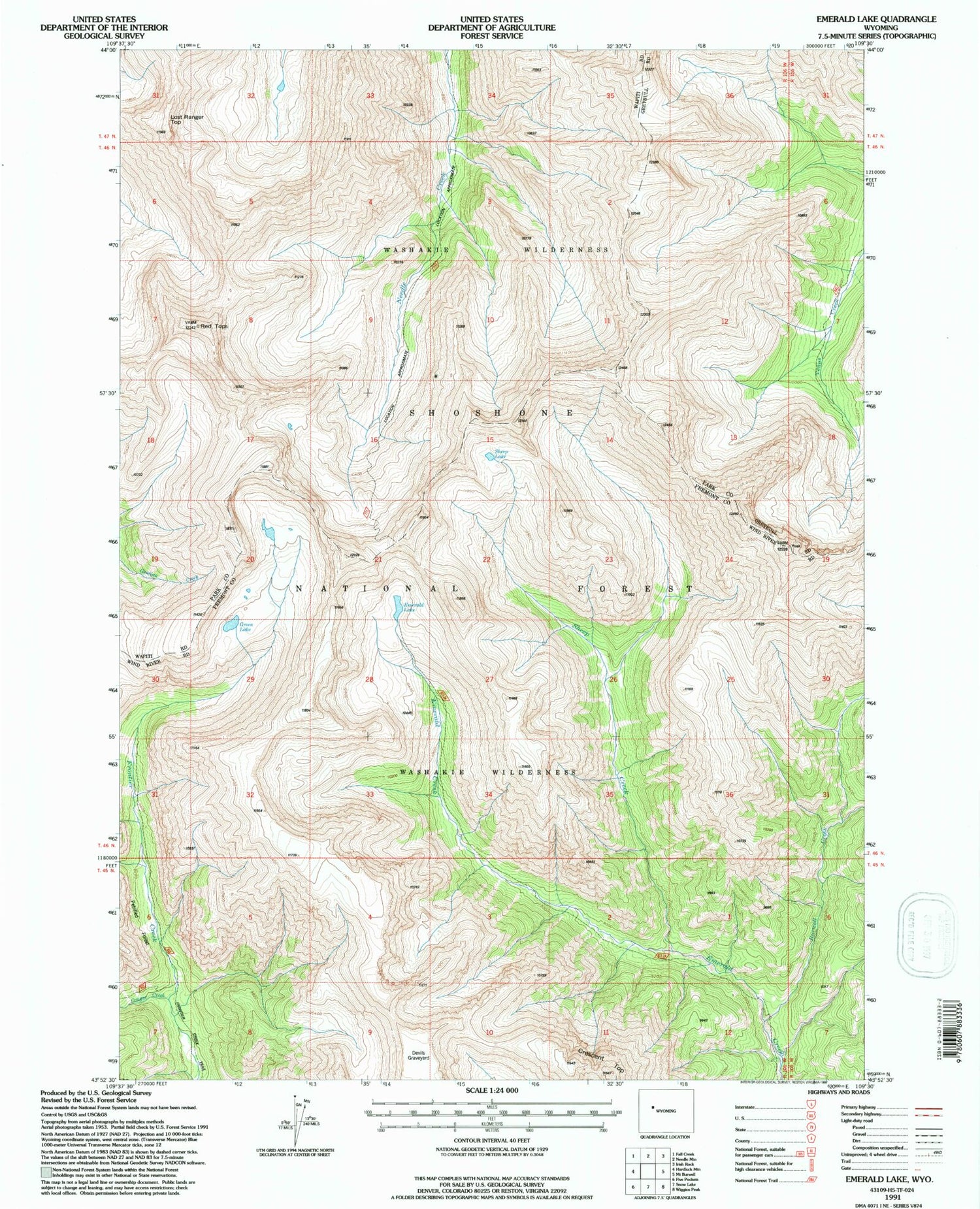 Classic USGS Emerald Lake Wyoming 7.5'x7.5' Topo Map Image